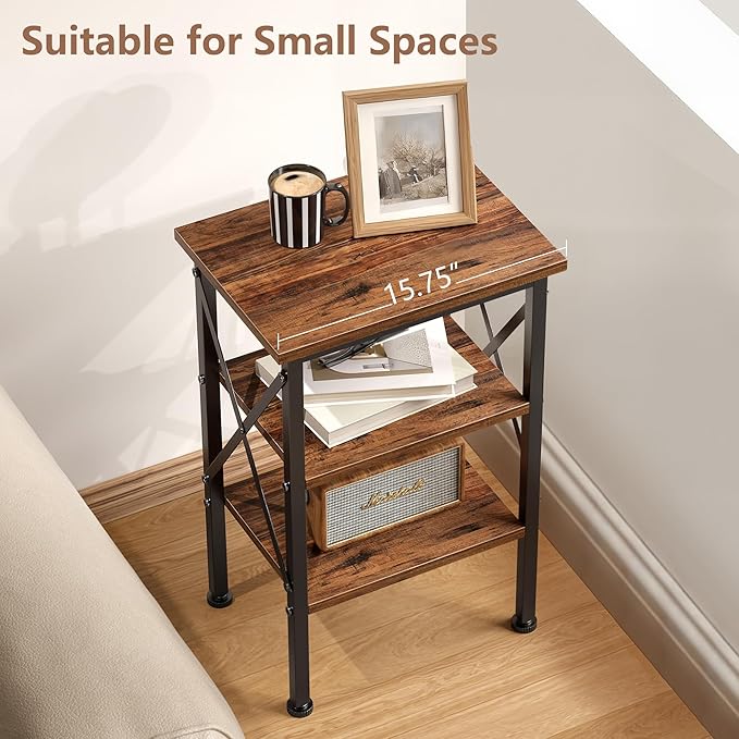 VECELO End Table, 24" Tall Living Room Side Tables, X-Design Reinforced Bedside Table, Nightstands with 3-Tier Storage Shelves for Small Spaces, Office, Bathroom, Bedroom, Retro Brown, 1 Pack