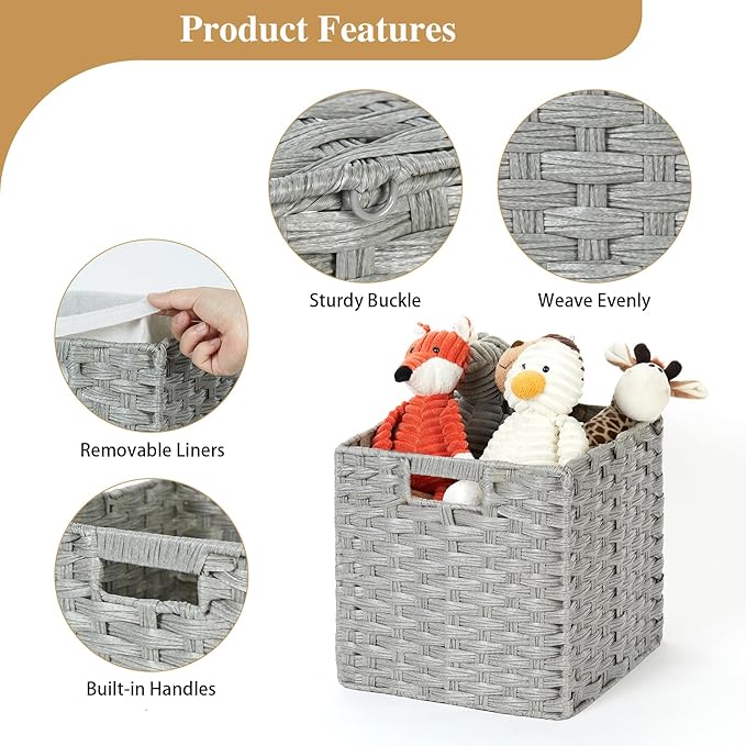 DULLEMELO Wicker Baskets With Liner Set of 4, 11x11x11 Inch Collapsible Storage Bins, Decorative Organizing Baskets, Light Grey