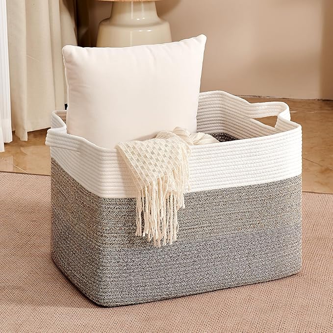 CLHMILY&Z Stylish Square Cotton Rope Storage Basket (Brown & White, 85L)