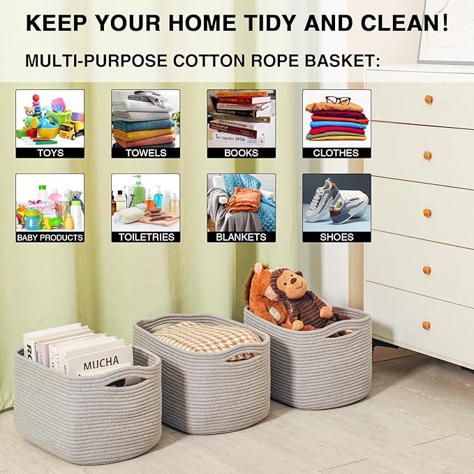 Grey Storage Baskets for Organizing Shelves, Woven Cotton Rope Basket for Storage, Gray Baskets for Toys, Cute Shelf Basket for Living Room Bedroom, 14.8"×11"×9.5", Pack of 3, Grey