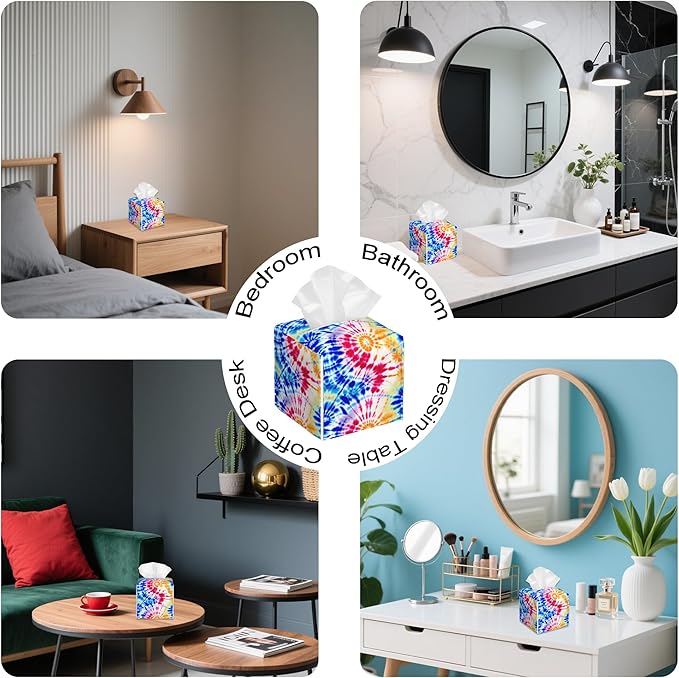 Rainbow Tie Dye Swirl Tissue Box Cover Square,Tissue Box Holder with Belt Bottom,Stylish Leather Napkin Holder for Vanity Countertop,Nightstands,Office Desk,5.2"Ã5.2"Ã5.2"