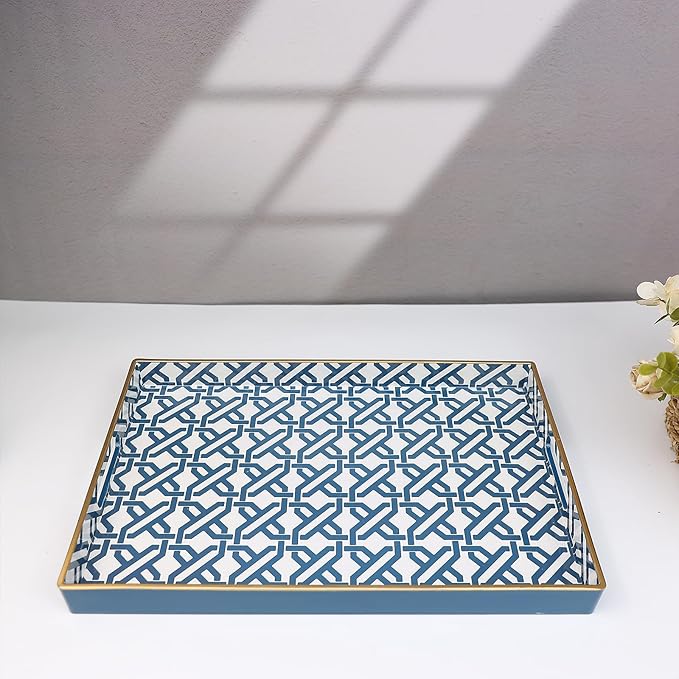 Spsyrine White Serving Tray, Plastic Marbling Tray for Coffee Table, Stylish Rectangular Decorative Tray with Handles, Ottoman Tray for Living Room, Bathroom, 15.6â X 10.2"