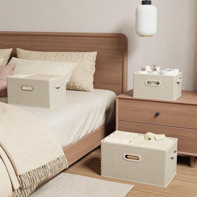 Open Storage Baskets, Collapsible Cube Bins, Fabric Container Organizer with Metal Handles, Boxes for Shelves, Closet, Living Room, 10.2x7.9x6.7in, Grey and Beige, 2 Pack