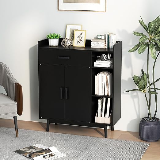 Giantex Floor Storage Cabinet, Freestanding Cupboard with 1 Drawer, 2 Doors, 3 Shelves, 4 Rubber Wood Legs, Sideboard, Entryway Unit for Home Office, Living Room, Storage Organizer (Black)