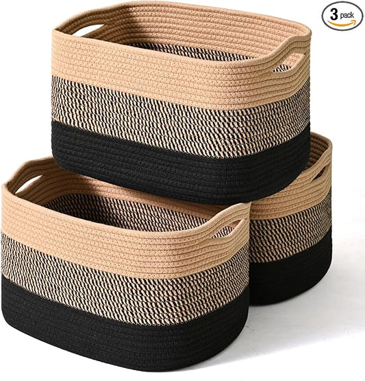 Storage Baskets for Organizing Shelves, Decorative Baskets for Storage, Woven Cotton Rope Basket for Living Room Bedroom Nursery, 15"x11"x9.5", 3 Packs, Gradient Black & Jute