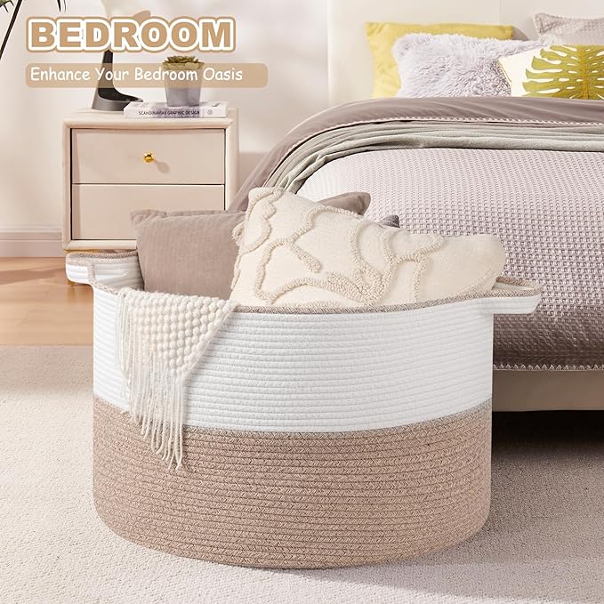 XXL Large Blanket Basket with Handles, 105L Woven Storage Basket for Living Room, Cotton Rope Baby Toy Storage for Clothes, Pillows, Towels-Brown & White