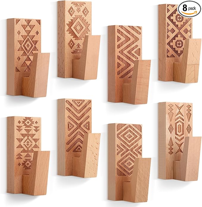 Amyhill 8 Pack Boho Decorative Wood Adhesive Wall Hooks, Boho Wooden Hooks for Hanging Hat, Coat, Jacket - No Damage Wall Mount Towel Hangers Key Holder, Bathroom Kitchen Decor(Classic Color)