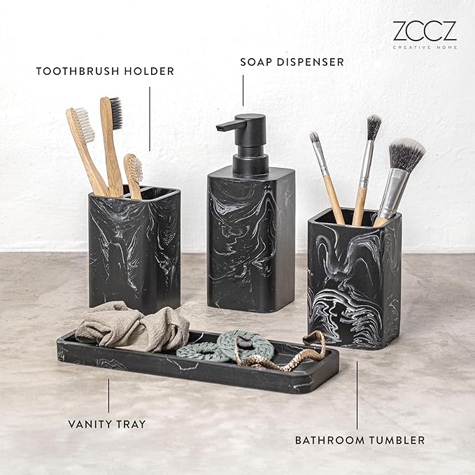 ZCCZ Bathroom Accessories Set, 4-Piece Marble Pattern with Soap Dispenser, Toothbrush Holder, Tumbler, and Soap Dish for Modern Bath Décor, Elegant and Durable Design for Home or Office Bathrooms