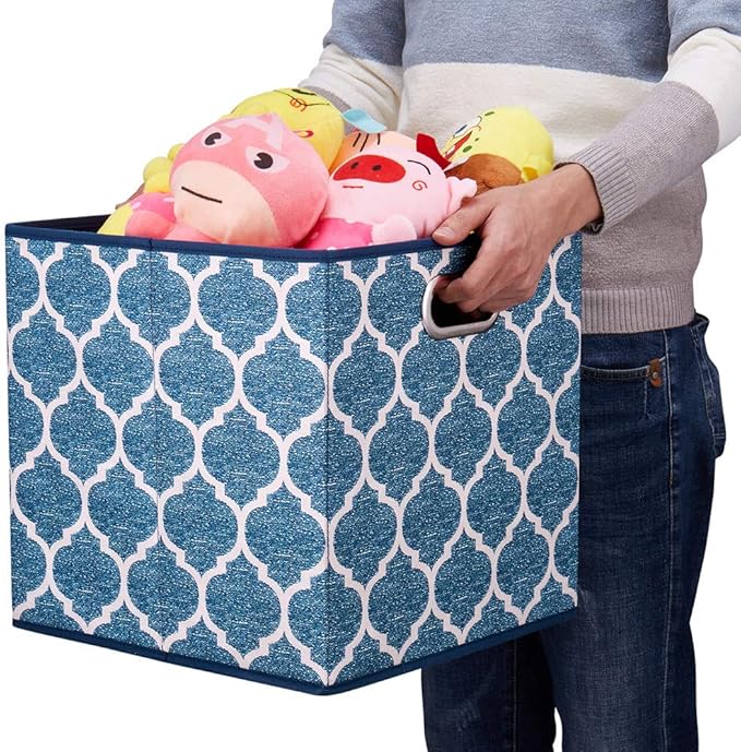 13x13x13 Inch Cube Storage Bins Blue Navy Foldable Grid Lantern Print Fabric Storage Basketes for Home Organizers Storage Drawer,QY-SC02-6