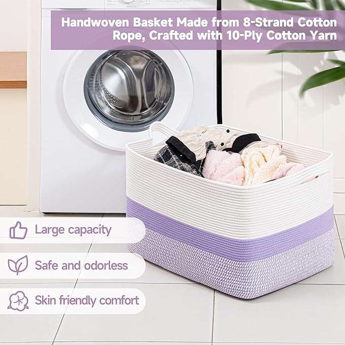 CLHMILY&Z Stylish Square Cotton Rope Storage Basket (Purple & White, 85L)