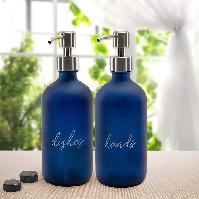 Cornucopia Brands 16oz Hands Dishes Pump Bottles (Blue, Set of 2); Frosted Blue Pump Dispensers for Kitchen and Home