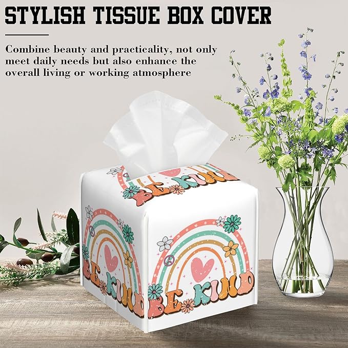 Tissue Box Holder Rainbow and Hippie Flower Square Leather Tissue Box Cover Modern Cube Facial Paper Cover Case for Bathroom Vanity Countertop Night Stands Tabletop