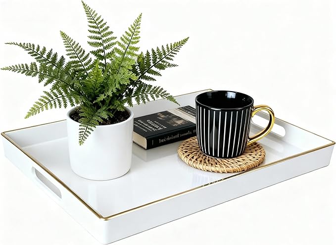 Zosenley Decorative Tray, Rectangular Plastic Tray with Handles, Modern Vanity Tray and Serving Tray for Bathroom, Kitchen, Ottoman and Coffee Table, 15.6â x 10.2â (White)