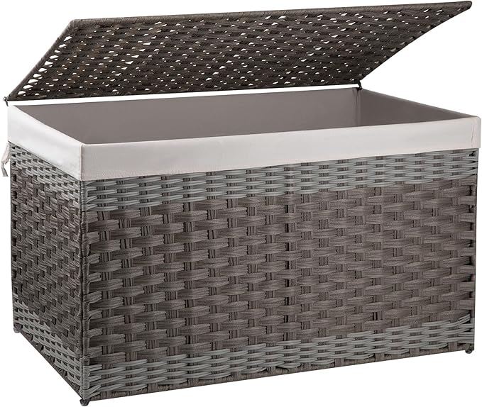 OIAHOMY Storage Basket with Lid, 42.3 Gallon (160L) Blanket Basket with Removable Liner Bag, Synthetic Wicker Hamper with Handle, Foldable, Hamper for Living Room, Grey