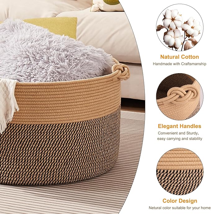 Large Blanket Storage Basket for Living Room, 22.8" x 22.8" x 13" Woven Cotton Rope Basket with Handles, Baby Toy Storage, Laundry Hamper for Clothes, Pillows, Towels-Brown and Black