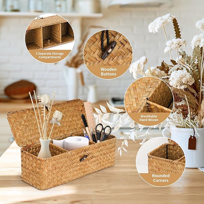 3 Compartment Storage Woven Basket with Lid, Rectangular Wicker Baskets Organizer for Bathroom Counter, Seagrass Woven Storage Baskets for Toilet Paper (12.6x4.7x4.3 inch)