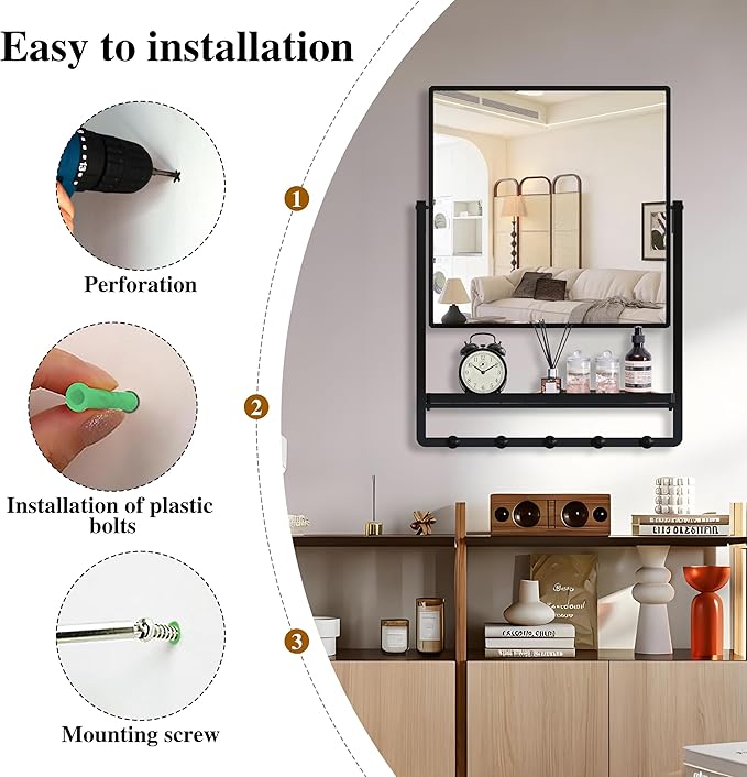WONSTART Modern Black Square Wall Mirror with Shelf and Hooks, 21.7 x 29.3 Inch Large Bathroom Mirror with 10° Adjustable Tilt for Entryway, Living Room, Hallway, Bedroom