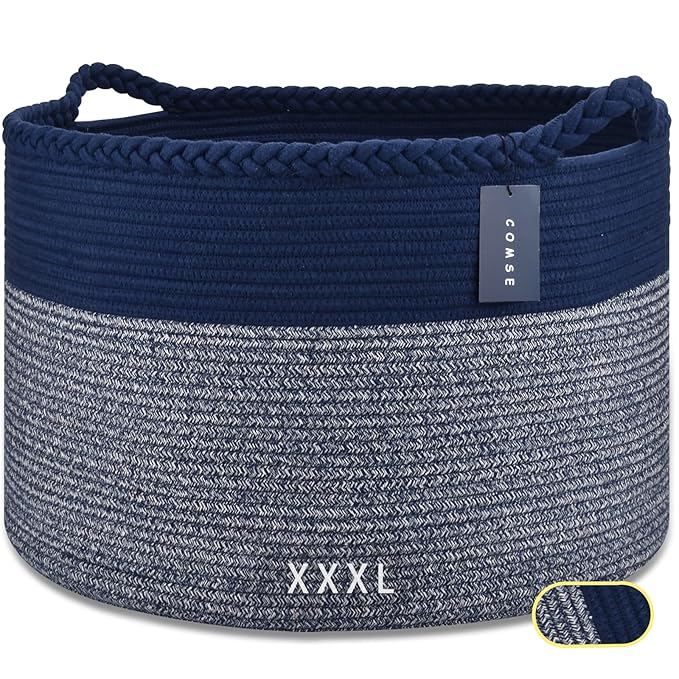 COMSE Extra Large Blanket Basket, Woven Laundry Basket, 21.7âx 13.8â, Nursery Hamper, Cotton Rope Laundry Hamper Living Room for Storage Toys Clothes Towels (Navy Blue)