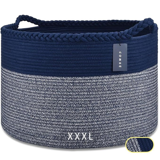 COMSE Extra Large Blanket Basket, Woven Laundry Basket, 21.7âx 13.8â, Nursery Hamper, Cotton Rope Laundry Hamper Living Room for Storage Toys Clothes Towels (Navy Blue)