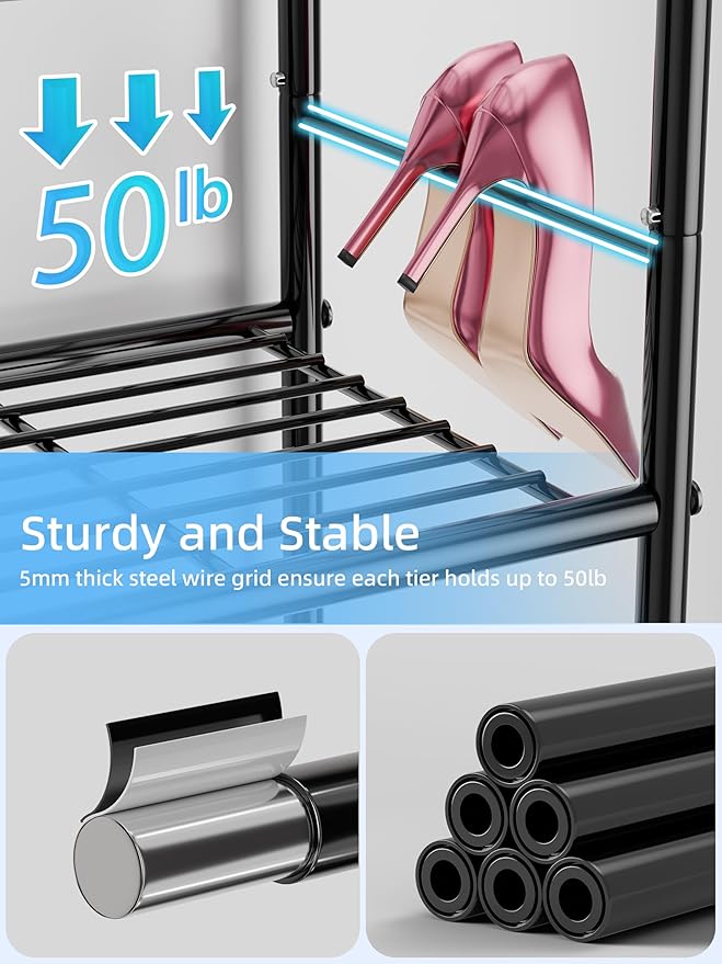 6 Tier 27" Shoe Organizer Rack for Closet Metal, Black
