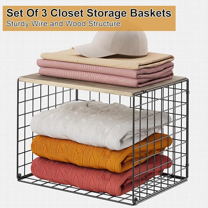 Widened & Heightened Closet Organizers And Storage Shelves With Top Board, Set of 3 Stackable Closet Shelf Organizer Storage Bin Basket For Clothes Sweaters,Space-saving, Sturdy,Wider Higher Size