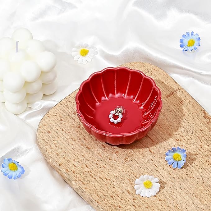 Koythin 2-Piece Small Trinket Dish, Ceramic Jewelry Ring Dish, Flower Key Holder Bowl for Women, Decorative Plate Tray for Dresser, Home Decor Organizer Trinket Tray (Round Petal Flower, Red)