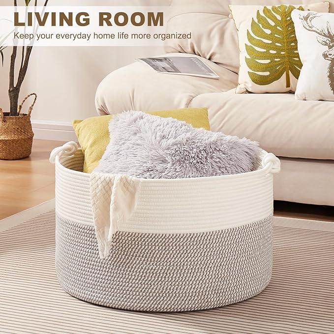Large Blanket Storage Basket for Living Room, 22.8" x 22.8" x 13" Woven Cotton Rope Basket with Handles, Baby Toy Storage, Laundry Hamper for Clothes, Pillows, Towels-Grey and White