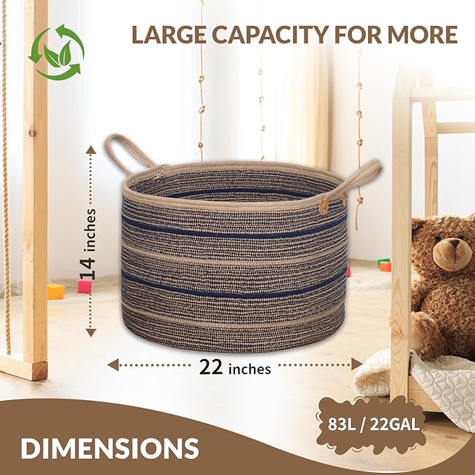 Sapphire Blue Large Blanket Basket, 22"x22"x14" | Jute Blanket Basket Living Room, Laundry, Nursery | Toy Basket for Blankets, Toys, Hand Woven Crafted (Brown&Blue)