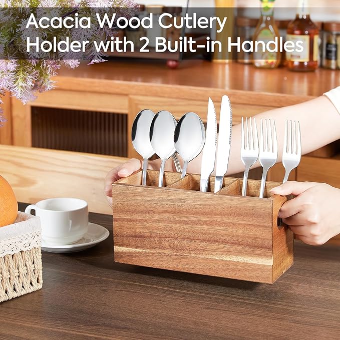 Acacia Wooden Silverware Holder, Kitchen Utensil Caddy with 3 Compartments, Cutlery Storage Organizer Countertop, Flatware Organizer for Party, Spoon, Fork Holder