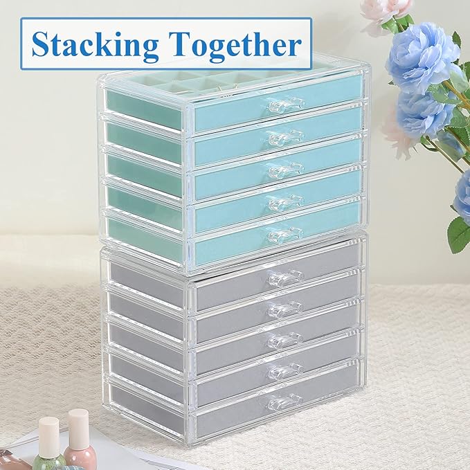 misaya Earring Jewelry Organizer, 5 Drawers Clear Acrylic Jewelry Box for Women, Velvet Earring Display Holder for Earrings Ring Bracelet Necklace, Birthday Present, Turquoise