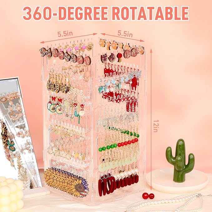 360 Rotating Earring Holder Organizer Stand,5 Tiers Acrylic Jewelry Organizers and Storage,Stud Earring Organizers and Storage,212 Holes and 212 Grooves for Earrings Necklaces chain bracelet