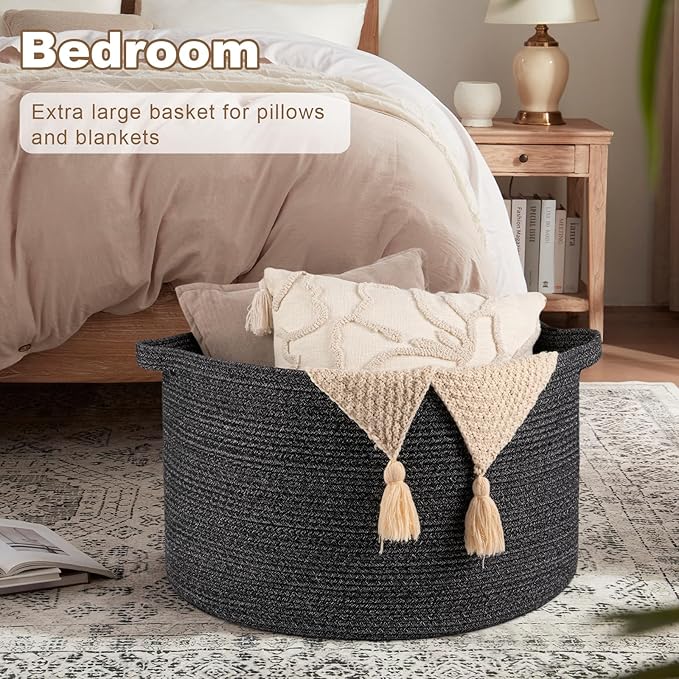 Large Woven Baskets for Storage, 23.6" x 23.6" x 14.6" Blanket Storage Living Room, Baby Toy Basket for Clothes, Pillows, Towels, Shoe Basket for Entryway (Black)