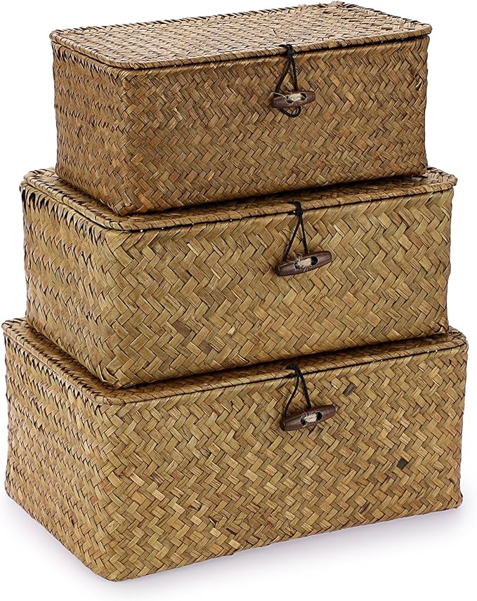 Wicker Basket With Lid - Rectangular Lidded Basket Box Natural Seagrass Storage Baskets Woven Decorative Basket Bin for Shelf Home Decor,Caramel Color,Set of 3