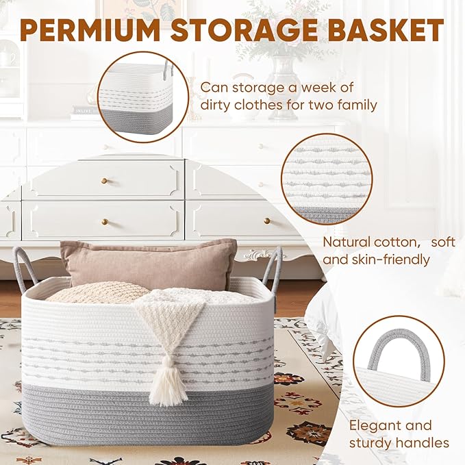 Large Blanket Basket for Living Room, 75L Woven Storage Baskets for Organizing, Rectangle Cotton Rope Toy Basket With Handles-Grey & White