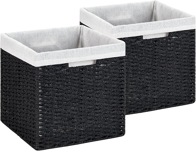 DULLEMELO Wicker Storage Baskets 11x11 Cube Storage Bins for Organizing Woven Baskets Set of 2 Waterproof Wowen Storage Cube Organizer for Pantry Closet Set of 2 - Black