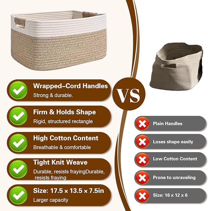3 Pack Large Storage Basket for Organizing, 17.5"x13.5"x7.5" Woven Basket for Shelves, Closet Cube Storage Bins with Wrapped Handle, Cotton Rope Baskets for Kitchen, Clothes, Toys(Off White & Brown)