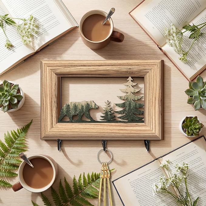 Woodland Bear Key Holder with 3 Metal Hooks Log Framed Black Bear Hooks Rustic Wildlife Cabin Farmhouse Forest Wall Mount Hanger Rack Key Hanger for Kitchen, Entryway, Hallway Decor