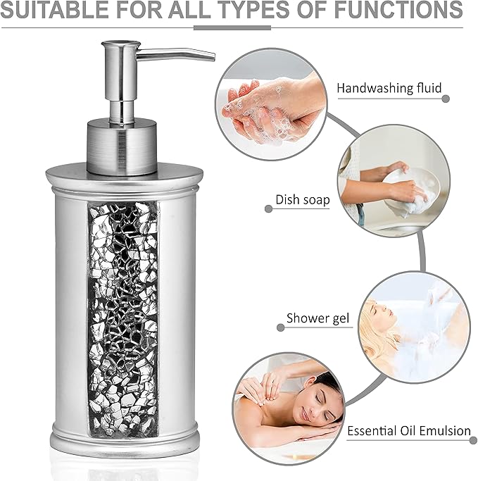 Zahari Home Sinatra Soap Dispenser/Lotion Pump Unique Design Bling Glass Mosaic Décor, Silver
