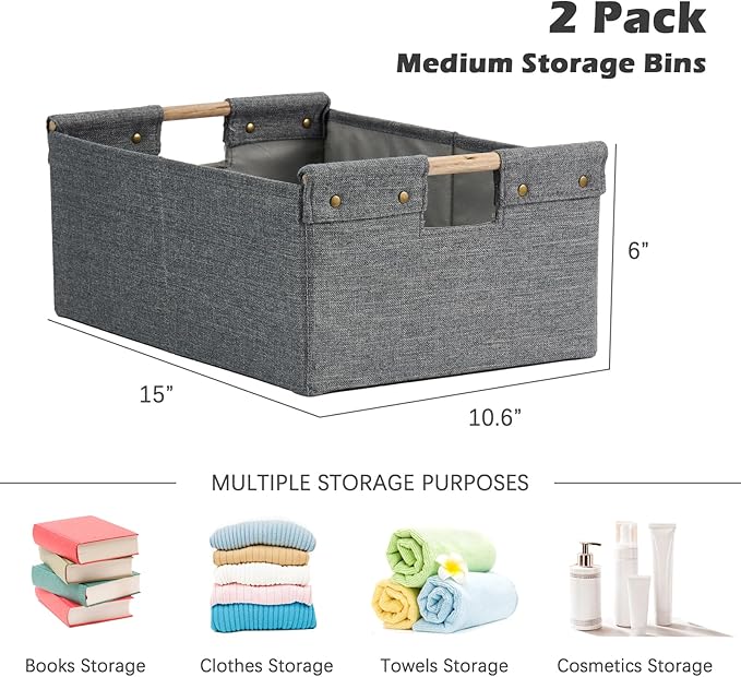 2PCS Storage Bins Cotton Linen Fabric Storage Boxes Basket with Wooden Handles Foldable Washable Decorative Shelf Container Clothes Organizer Home Laundry - Medium Size, Gray