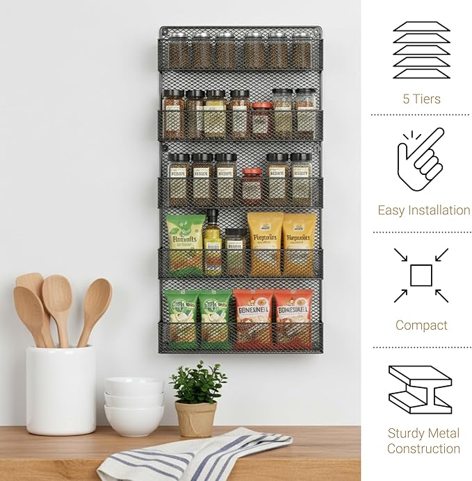 Spice Rack Organizer - Space-Saving Wall-Mount 5-Tier Wire Shelves for Pantry or Cabinets - Kitchen Organization and Storage by Home-Complete (Black)