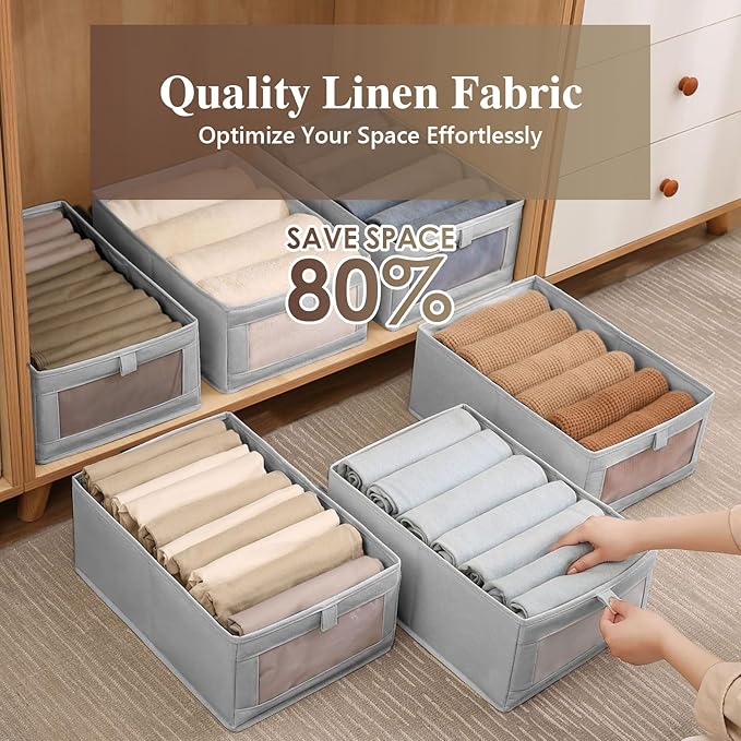 Linen Closet Organizers and Storage, 2 Pack Storage Bins Linen Clothing Organizer Baskets with Mesh Window, Foldable Closet Organizer for Clothing, Towels, Toys, Nursery, Books, Shelves (Grey)