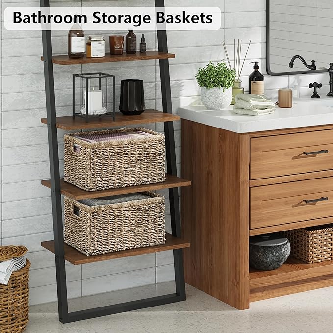 Vagusicc Wicker Storage Basket, Set of 2 Hand-Woven Sea Grass Storage Baskets for Organizing, 17 inch Small Wicker Basket for Shelves, Foldable Cube Organizer Bins for Bathroom