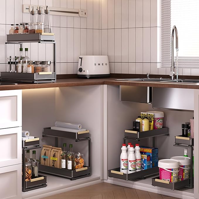 AndUp Under Sink Organizer, 2 Tiers Pull Out Bathroom Organizers and Storage, Slide Out Cabinet Organizer Shelf for Kitchen Bathroom, Multi-Purpose Collection Organizer Drawer Shelf (Gray, 1pcs)