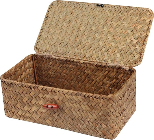 Wicker Shelf Baskets with Lid,Handwoven Seagrass Basket for Storage Basket Bins Rectangular Home Organizer Gift Boxes (Natural Small)