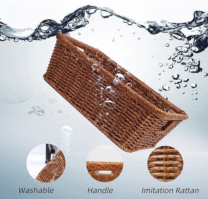 Wicker Storage Basket Water-resistant:Storage Basket with Built-in Handles,Rectangle Basket for Shelf, Brown, 2-Pack