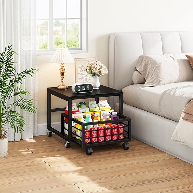 HOOBRO Mini Fridge Stand with Movable Storage Basket, Mini Fridge Cabinet with Wheels and Adjustable Feet, Sturdy Metal Frame, for Kitchen, Living Room, Office, Black BB155TL01