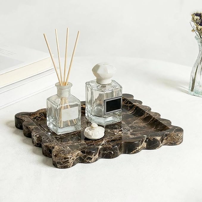 Elegant Square Marble Decorative Tray with Scalloped Edge Natural Stone Vanity Tray Organizer for Counter, Vanity, Dresser, Nightstand, Bathroom & Kitchen Sink(Dark Brown Net)