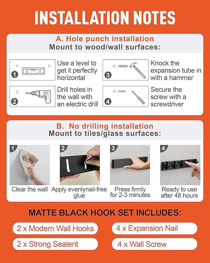Waterproof Black Wall Hooks - 2 Pack Modern Foldable Towel Hooks for Bathrooms, Coat Hooks Wall Mounted - Stylish, Durable, and Easy to Install