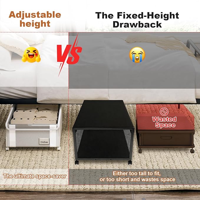 2Pack Under Bed Storage with Wheels,6.7"-9" Adjustable Height Underbed Storage,Under Bed Storage Containers,Rolling Under Bed Clothes Storage,Metal Under Bed Drawers for Shoes,Blankets,Toys