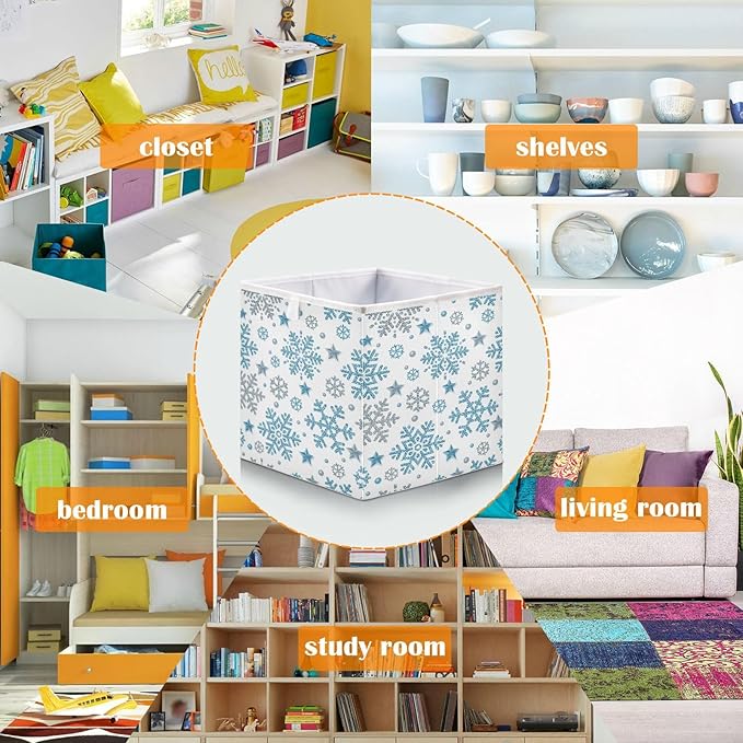 Bolaz Sliver Blue Snowflakes Closet Organizers Storage Cubes Christmas Storage Bins Shelf Baskets Containers for Home Room Office,Square